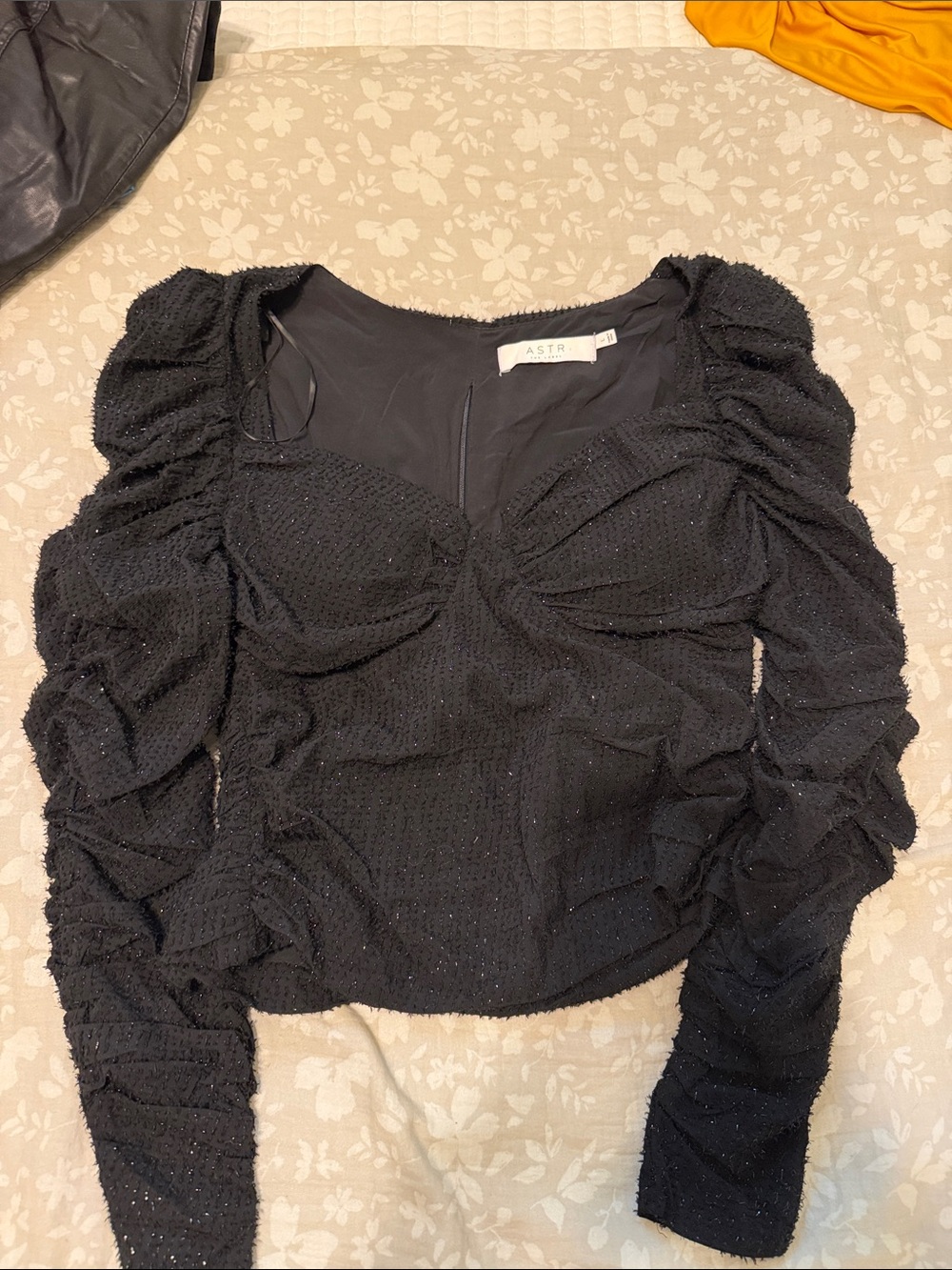 ASTR Sparkly Puff-Sleeve Black Long-Sleeve Top